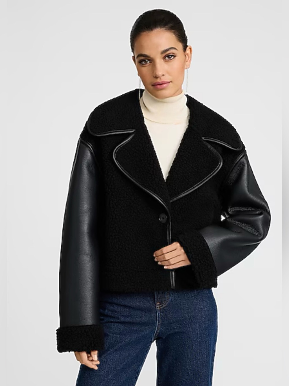 Express Faux Leather Shearling Moto Jacket Black Teddy Coat Size M EUC